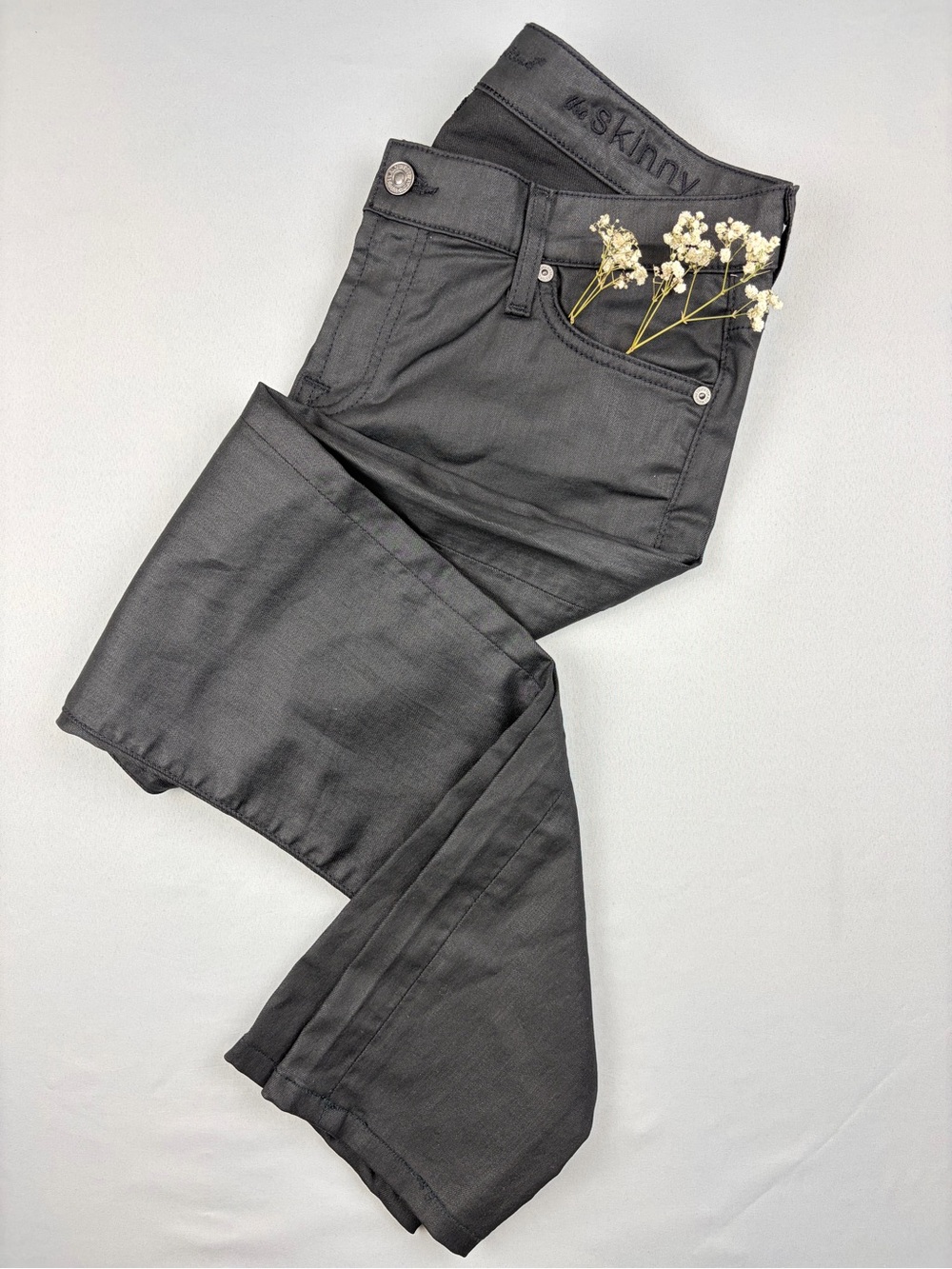 7 For All Mankind The Skinny Black Coated Waxed Jeans